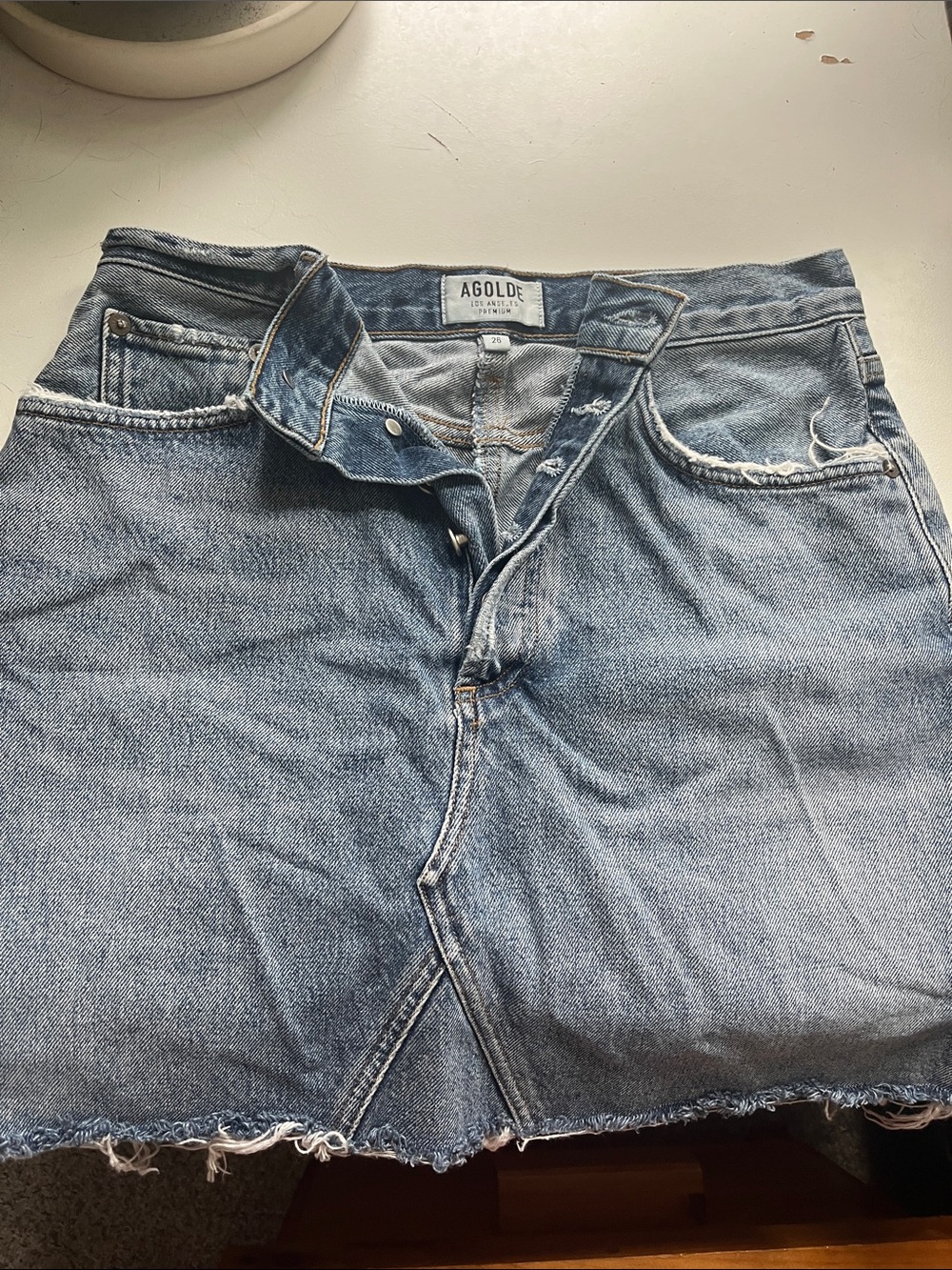 Agolde Light Blue Distressed Denim Skirt